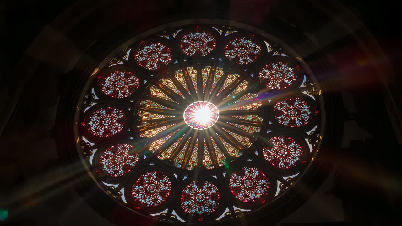Sunlight shifting behind stained rose window emitting sunburst lens flares across cathedral nave
