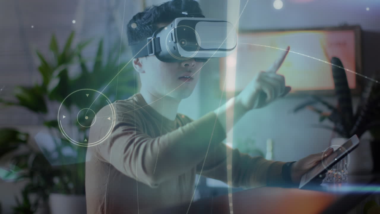 Animation of network of connections over boy using vr headset