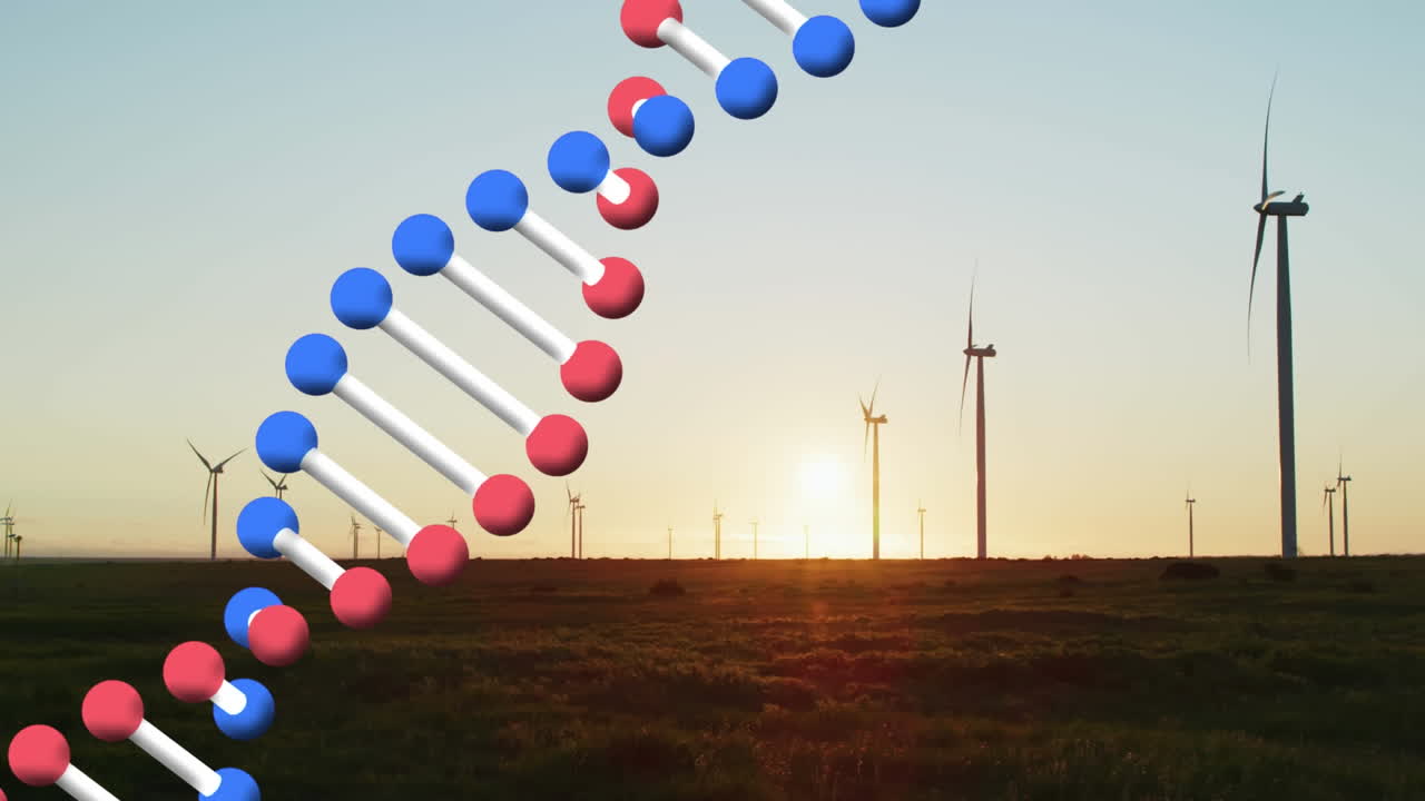 시골의 풍력 터빈 위에서 회전하는 dna 가닥의 애니메이션