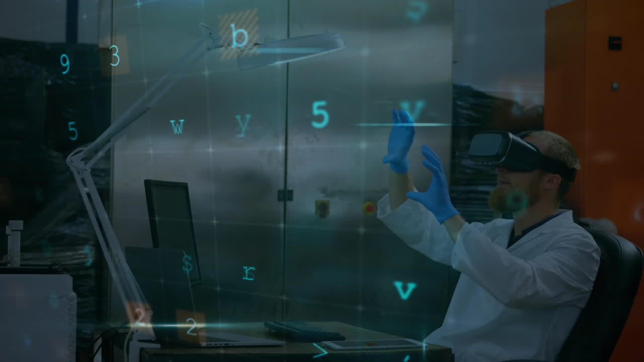 animación de advertencia de ataque cibernético sobre el científico con auriculares vr