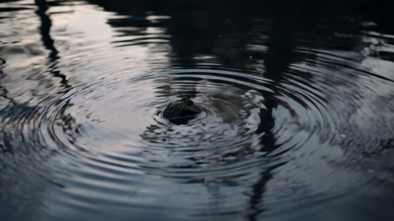 Leggero movimento iniziale, piccolo oggetto scuro che crea increspature che si espandono su uno stagno con i riflessi degli alberi.