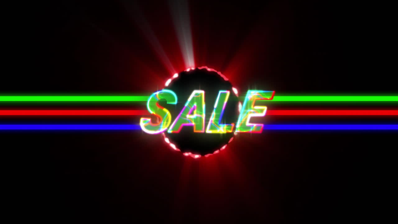Animazione luminosa al neon con la scritta "SALDI" e strisce colorate su sfondo nero