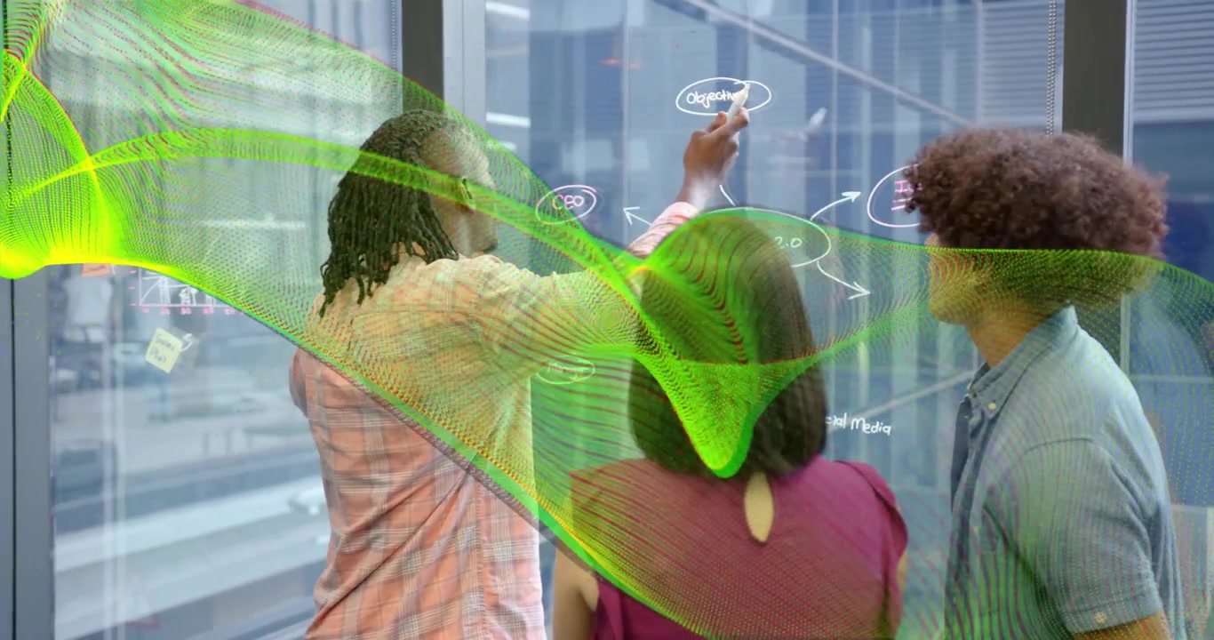 business team picking marker and sketching chart on glass wall for planning, starting green overlay