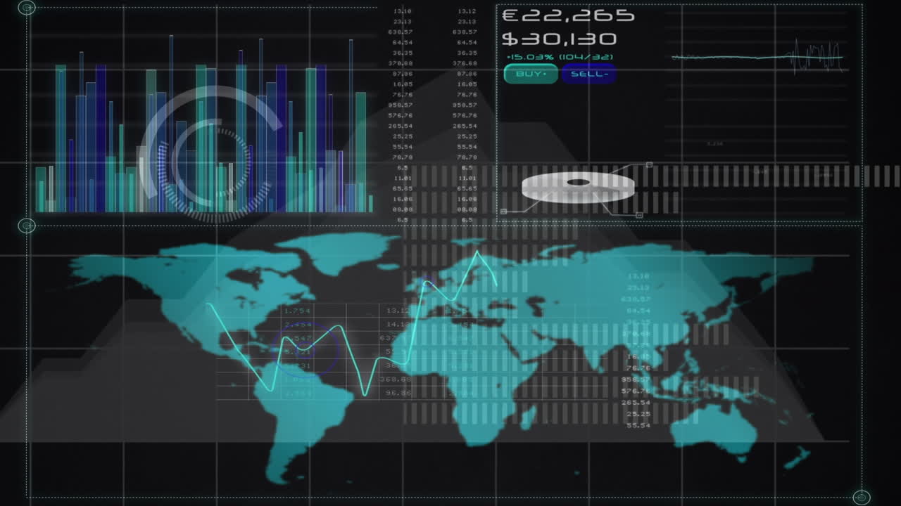 Animation of statistics and financial data processing over world map