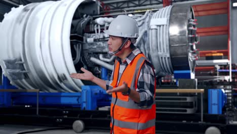 side view of wondering asian male engineer with safety helmet saying why working doubtfully with airplane engine maintenance conducted, analytics checking the turbine