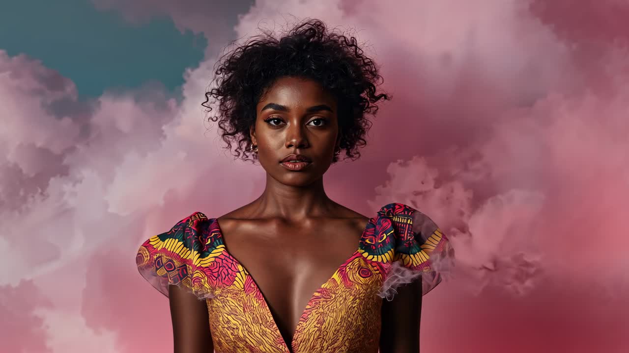 Posing model maintaining gaze while camera moving closer in studio, showing deep-V dress and makeup