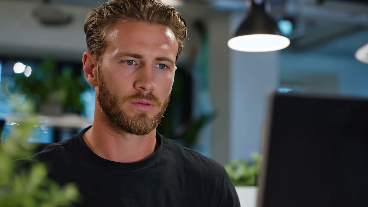 Konzentrierter junger Mann arbeitet am Laptop in modernem Büroumfeld, umgeben von Grün, zeigt Konzentration und professionelles Engagement.