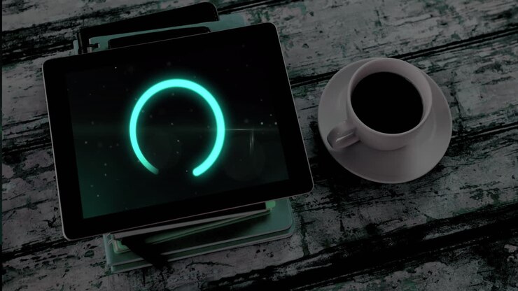 Animazione di elaborazione dati con cerchio di caricamento sullo schermo di un tablet