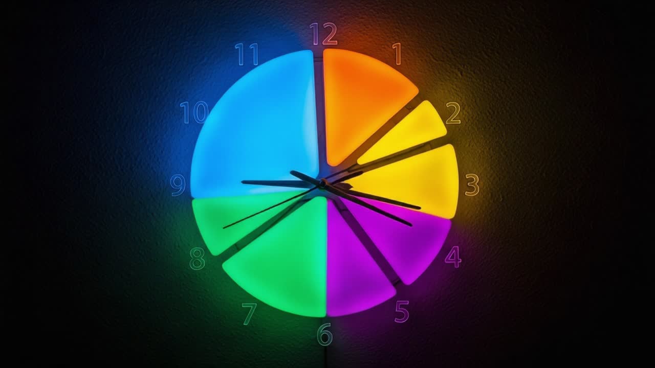A Vibrant Neon Clock Showcasing Colorful Segments and Innovative Design, Highlighting Time with Bright Matte Colors and Modern Aesthetics
