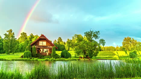 time lapse shot of wooden house on natural lake and rainbow at sky in rural landscape