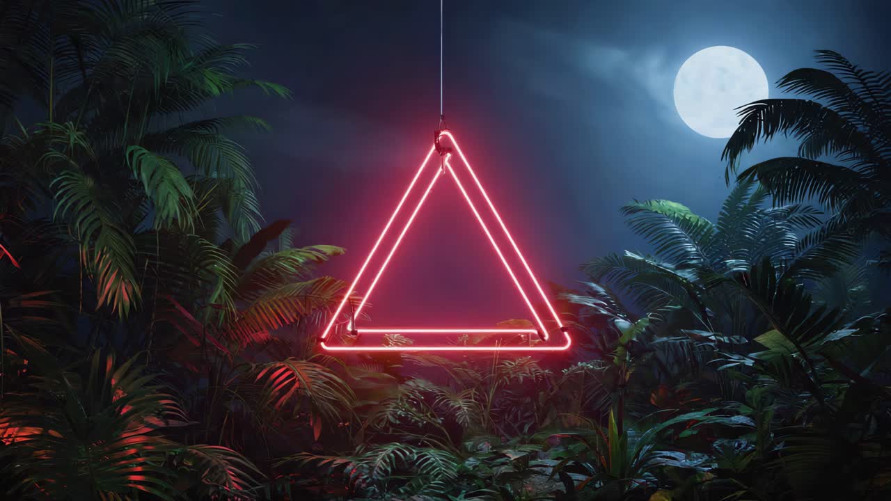 A glowing red neon triangle in a dark jungle under a full moon