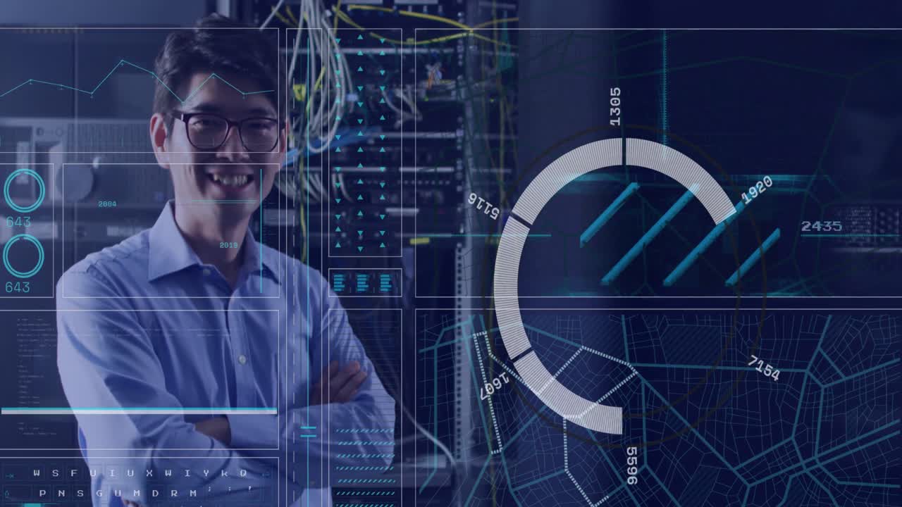 animación de gráficos y datos sobre un hombre asiático posando en la sala del servidor