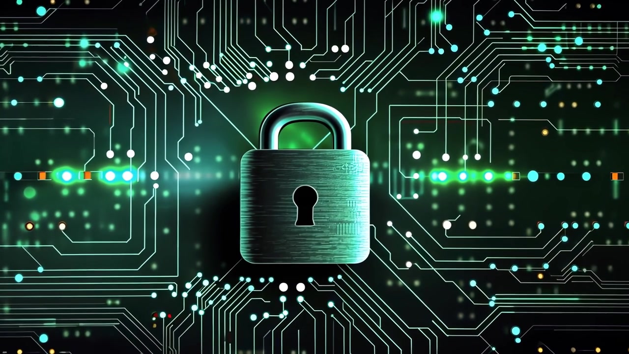 Cybersecurity Padlock with Glowing Circuit Board Network