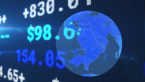 Animation-of-stock-exchange-financial-data-processing-over-blue-globe