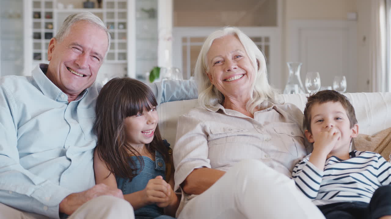 Portrait Of Smiling Grandparents Sitting With On Sofa With Grandchildren At Home
