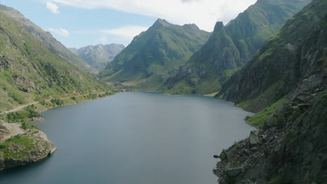 aerial view of the beautiful mountain lake of soulcem in the french pyrenees