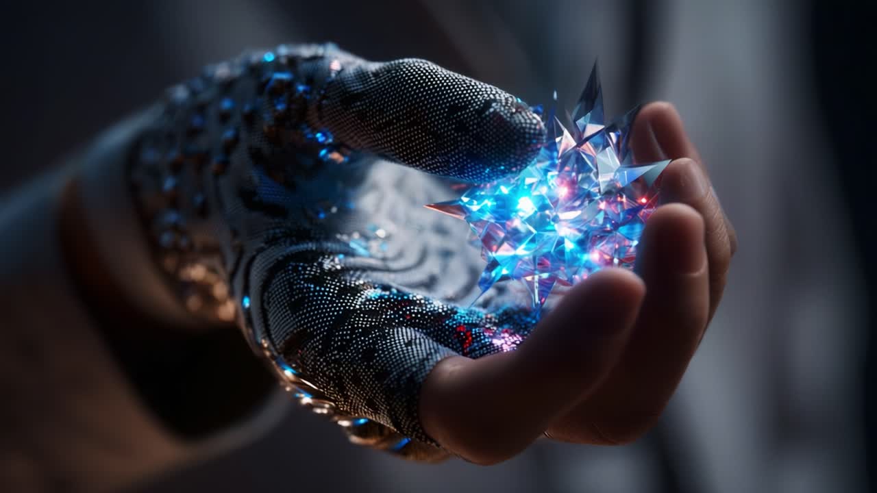 A Glimmering Crystal Star in a Hand Enveloped by Intricate Metallic Patterns, Showcasing the Intersection of Technology and Elegance Through Reflected Light and Detail