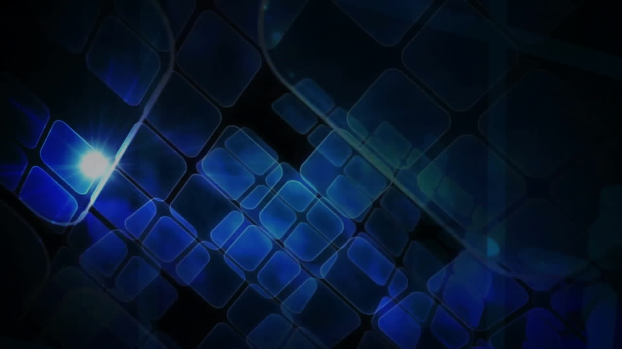 Animazione di forme geometriche blu ed effetti di luce su sfondo scuro.