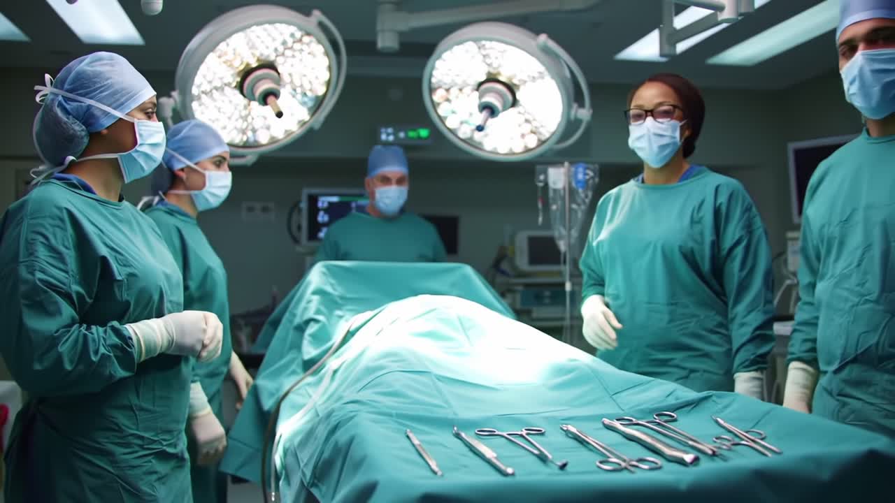 Surgical Team Preparing for Operation: Focused Medical Professionals in an Operating Room Ready to Perform a Critical Procedure Under Bright Surgical Lights