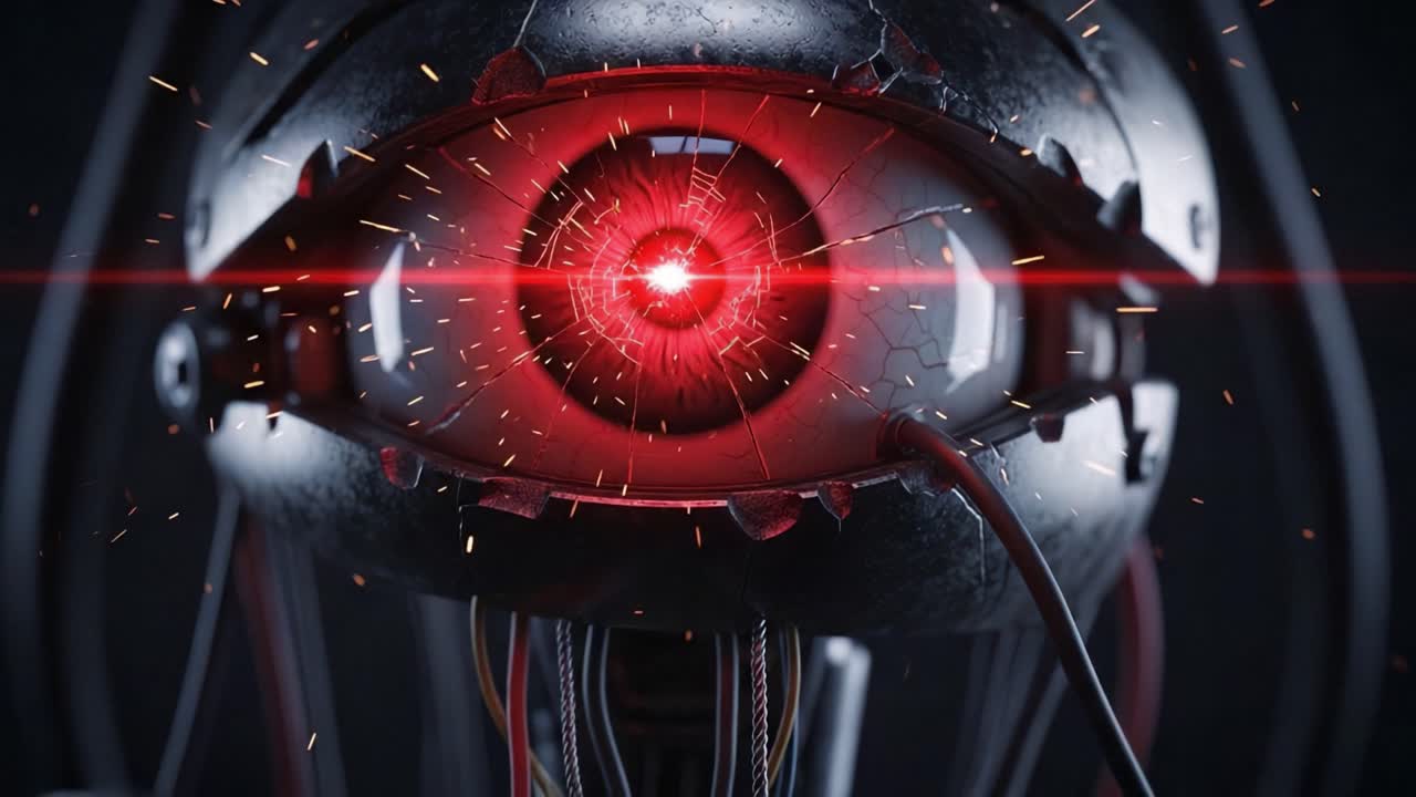 A Futuristic Mechanical Eye with a Glowing Red Center and Sparkling Fragments, Captured in Dynamic Frames Showcasing its Intricate Design and Intimidating Presence