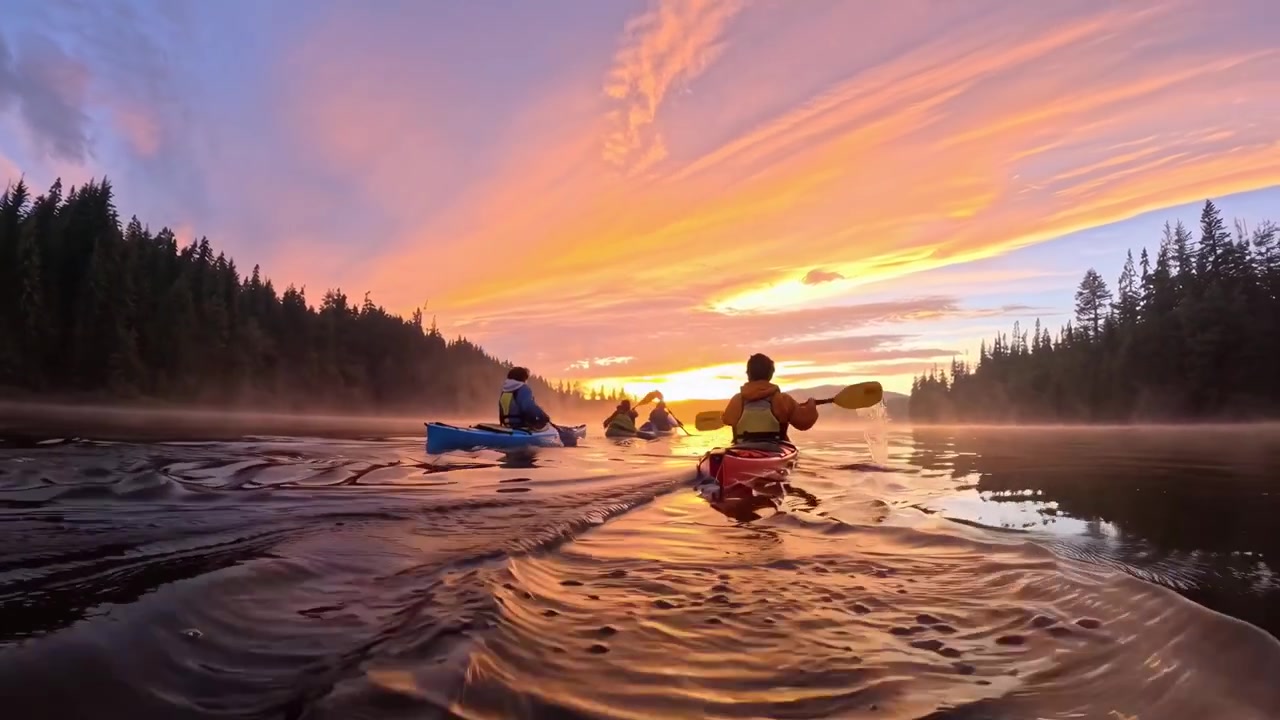 Gruppo di persone in kayak su un lago calmo al tramonto