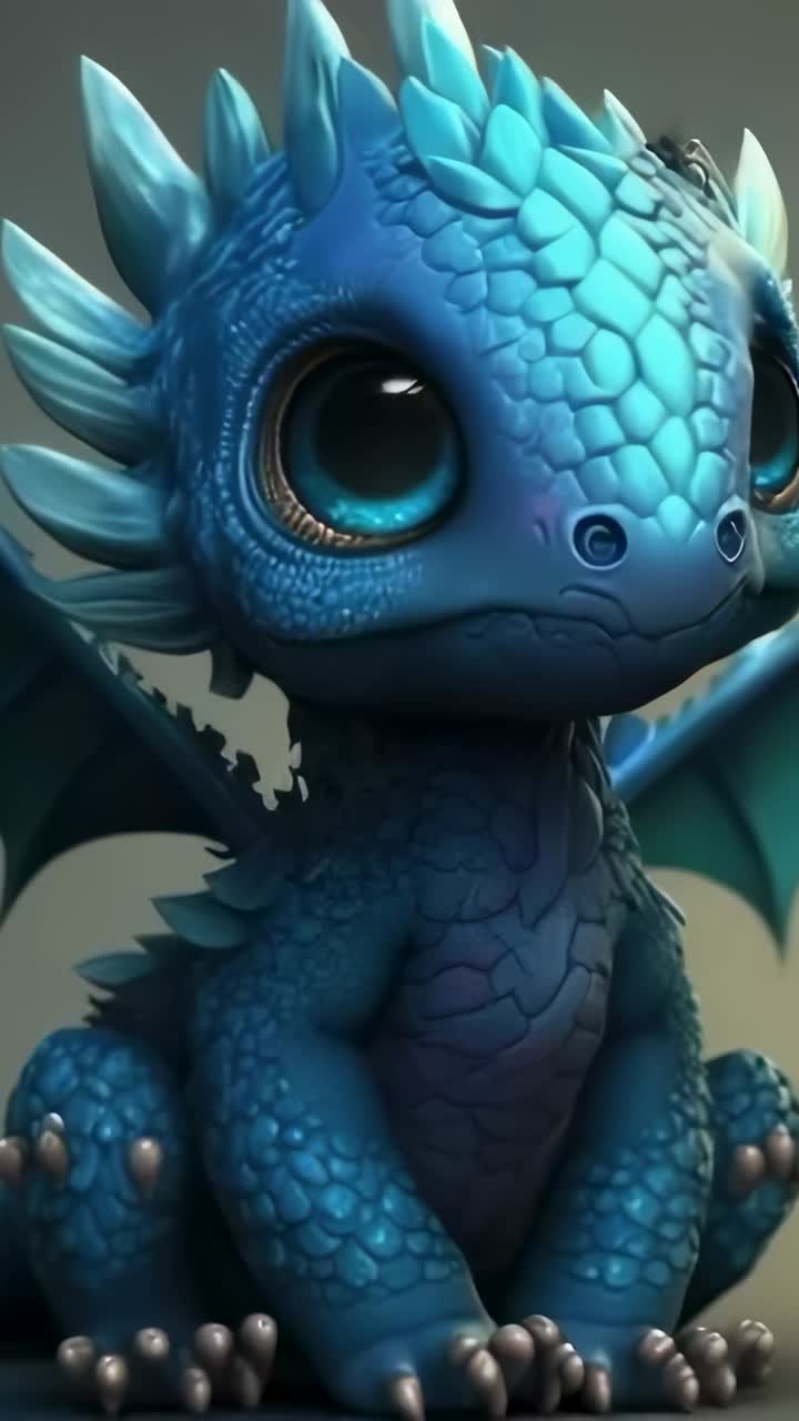 Vertical video: Tilting head on playback start, dragon figurine blinking, twitching wings in studio