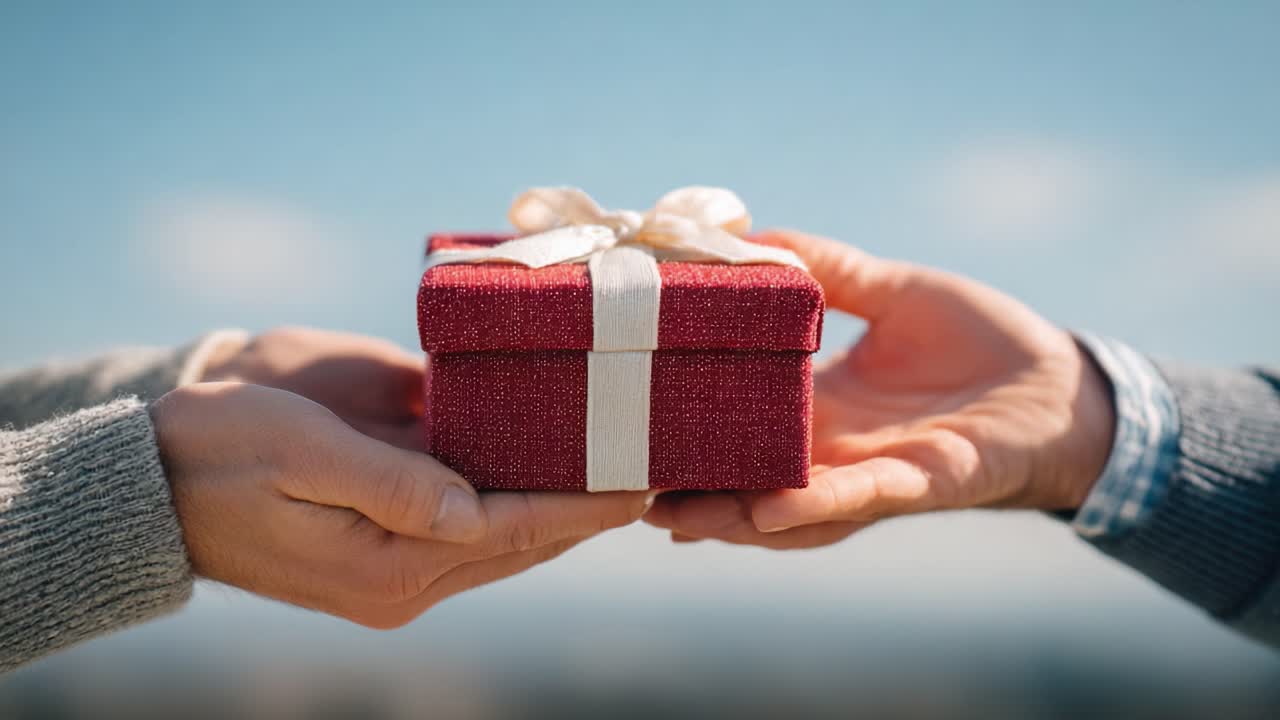 Uno scambio sentito: due mani condividono un regalo splendidamente incartato sotto un cielo luminoso, a simboleggiare celebrazione e connessione tra le persone.