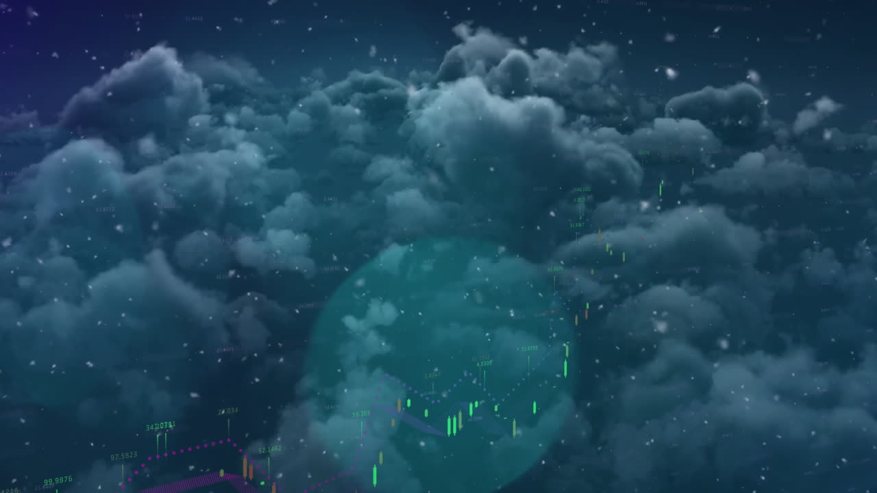 Animation of financial data processing over spot lights and clouds