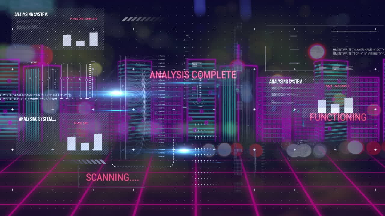 Animation of interface with data processing over 3d cityscape against night city traffic