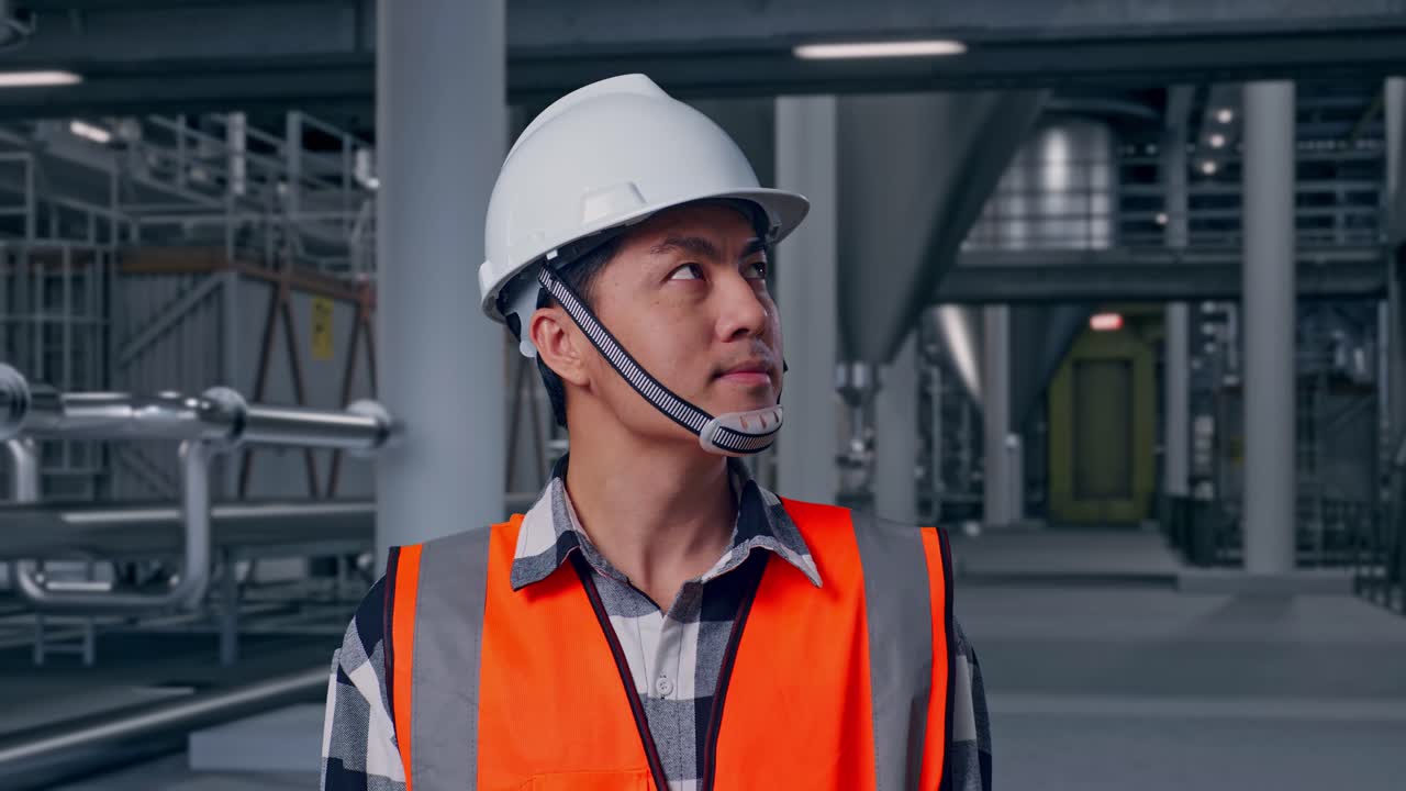 Primer plano de un ingeniero asiático con casco de seguridad mirando a su alrededor mientras está de pie en el interior de una destilería con tanques de fermentación.
