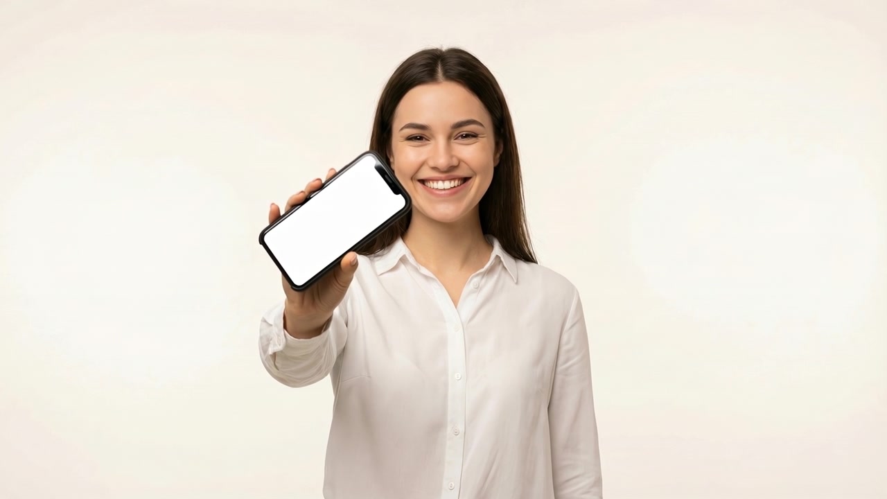 Glad ung kvinde holder en smartphone med en tom hvid skærm mod en ensfarvet baggrund.