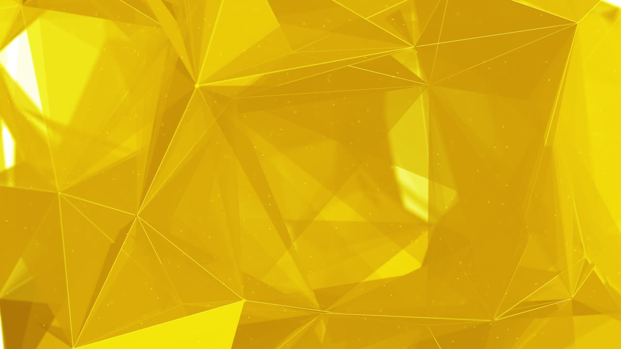 Polygonal yellow elements. Abstract looped animation of triangles. Shiny moving surfaces with white glowing lines.