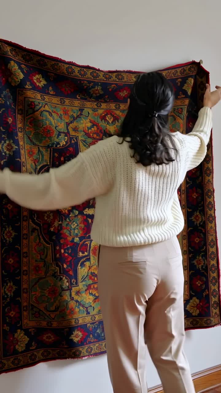 Video verticale: Entrando in casa con un panno, donna in maglia color crema che appende un arazzo a dei ganci, spazio per il testo