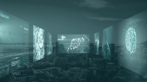 Digital-composite-video-of-screens-with-medical-data-processing-against-cityscape-in-background