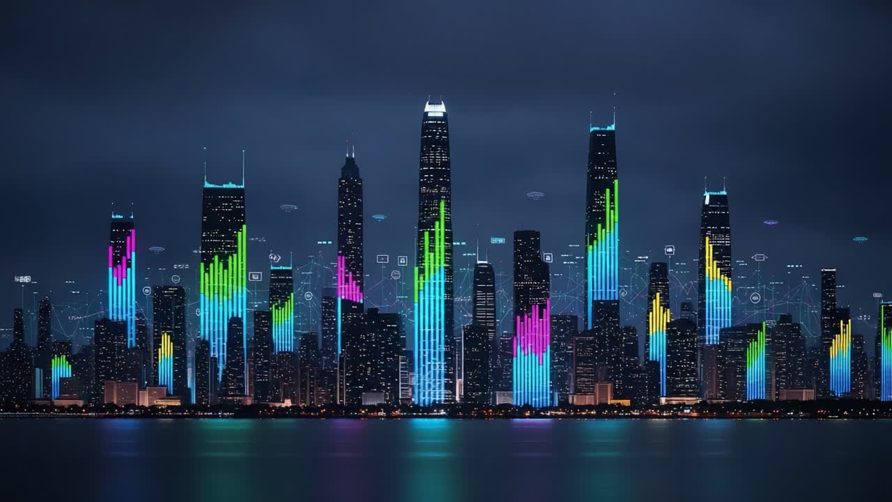 Illuminated Cityscape: A Stunning Display of Vibrant LED Patterns and Visual Data Representations Over a Modern Skyline at Night