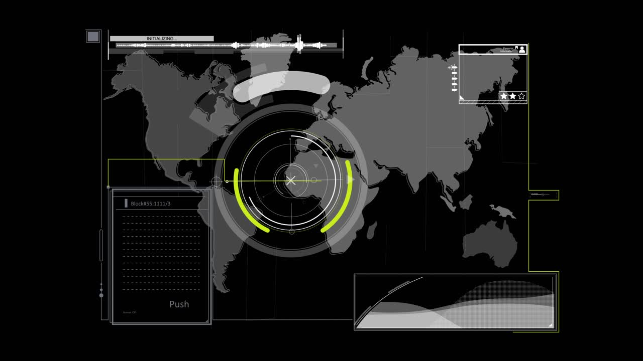 mapa del mundo y pantalla de computadora de la interfaz de usuario de hud con elementos infográficos