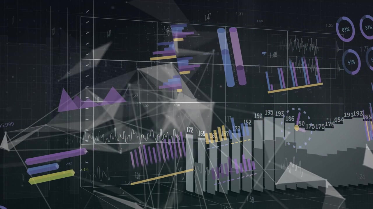 Mesh drifting from left, central 3D bars rising with labels, dashboard visualizing live data