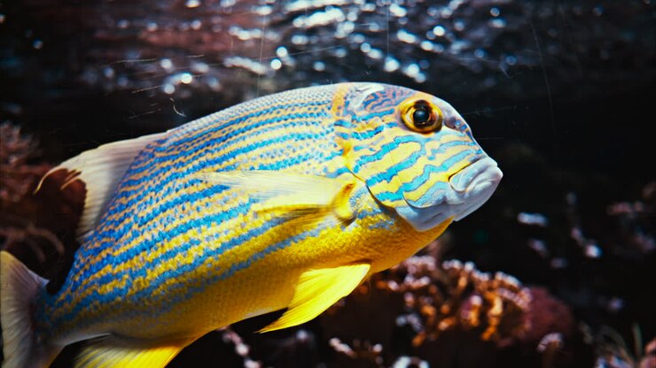 Nahaufnahme eines Sailfin-Schnapperfisches, der in der Nähe von Korallenriffen schwimmt
