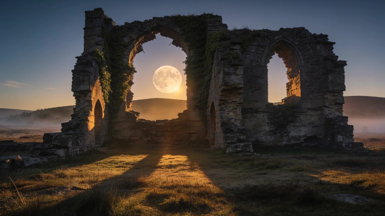 Inquadrando l'arco centrale, un disco luminoso retroillumina gli archi in rovina sull'erba, rivelando la muratura e l'edera.