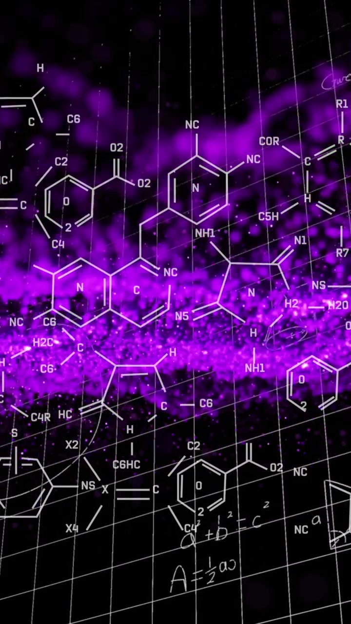 Animazione di equazioni matematiche e strutture molecolari su punti che formano onde dinamiche.