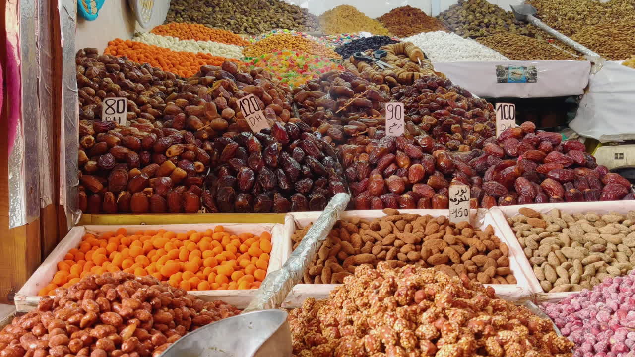 Variety Assortment Of Fresh Nuts At A Market Vendor At Marrakesh In Morocco, Africa