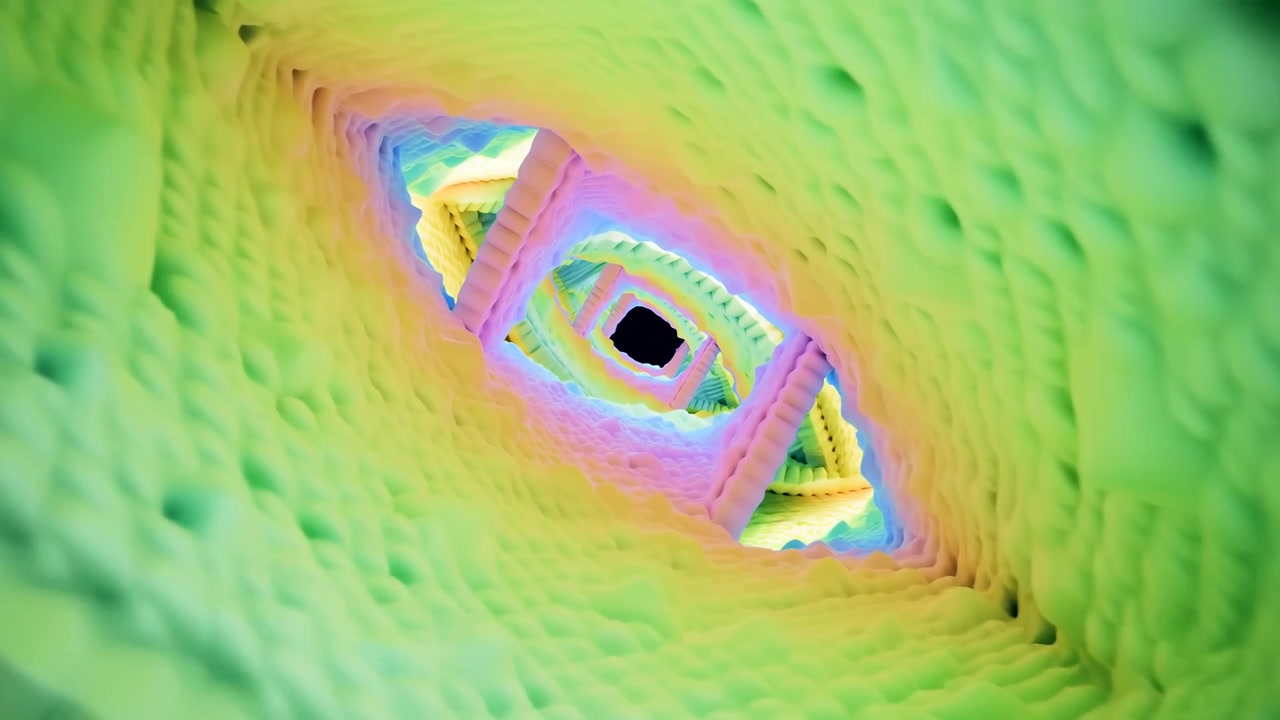 Eye looking, in close-up, with eye, from a close-up perspective, with green, pink accents, and mystical mood, showing nearby objects and surrounding setting, showing the main action and place clearly.