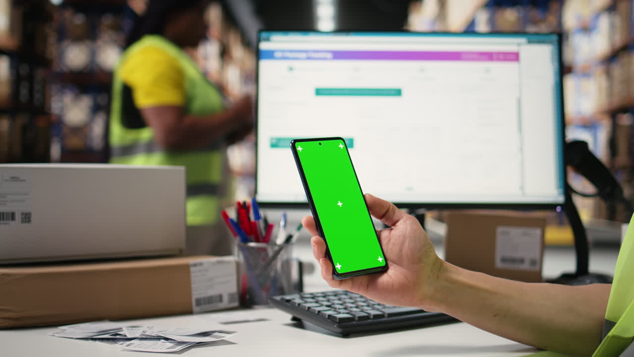 Vertical Video Warehouse staff in a hi-vis vest uses copy space display with technology
