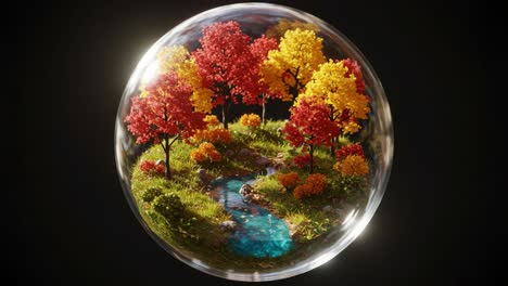 a magical autumn landscape encased in a crystal sphere, showcasing vibrant trees with red and yellow foliage surrounded by a sparkling stream