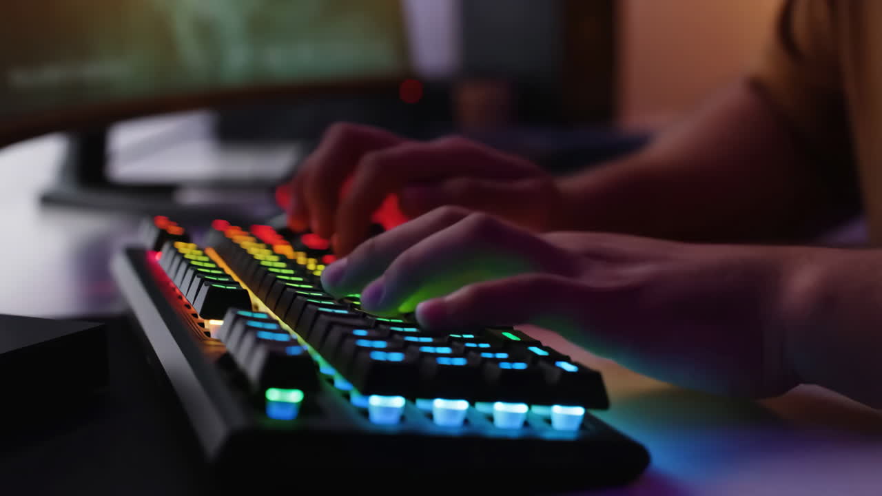 Close-up of Hands Typing on an RGB Gaming Keyboard