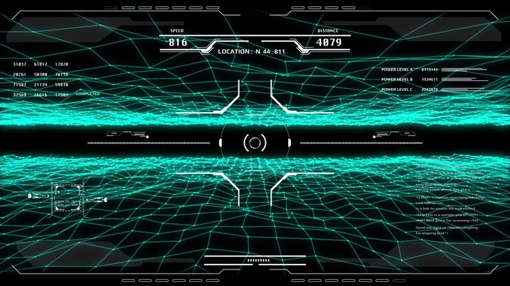 HUD secure system aerial view fly over digital wireframe landscape