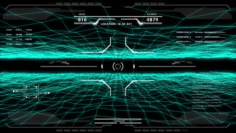 hud secure system aerial view fly over digital wireframe landscape