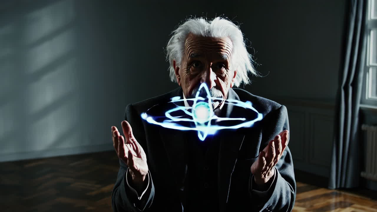 An elderly scientist visualizing an atom