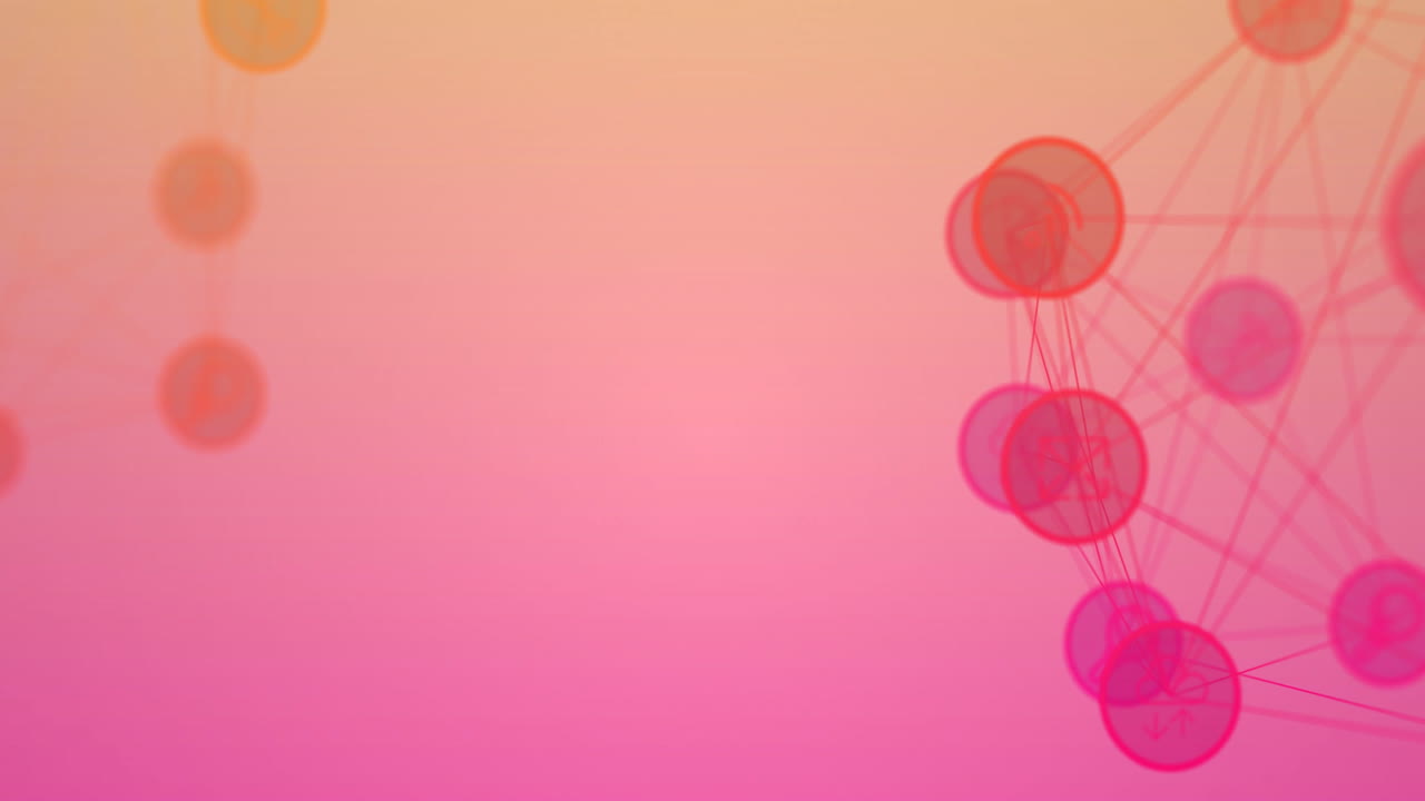 Animation of network of connections with icons on pink background