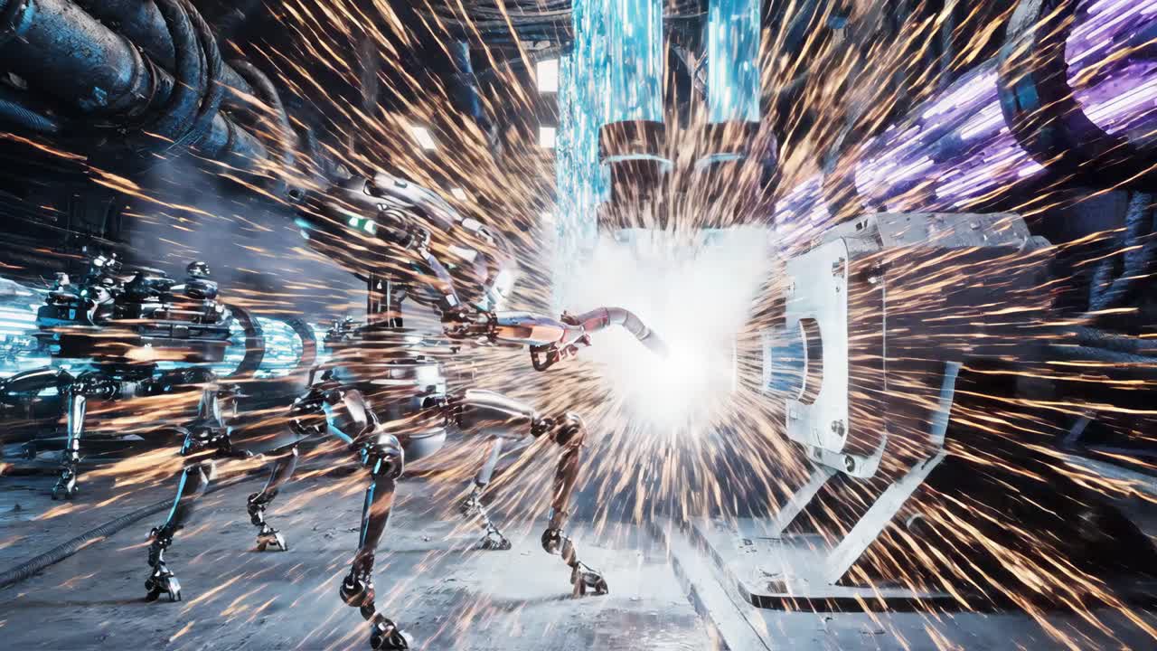 Futuristic Robots in a Cyberpunk Machine Shop